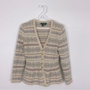 Ralph Lauren 100% Lambswool Fair Isle Cardigan Sweater, Size Small